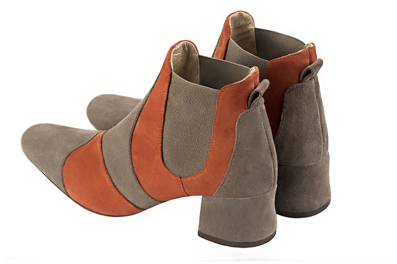 Tan beige, terracotta orange and taupe brown women's ankle boots, with elastics. Round toe. Low flare heels. Rear view - Florence KOOIJMAN